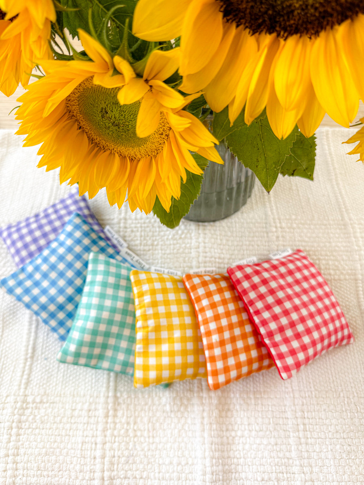 Tiny Affirmations set of 6 handmade rainbow gingham affirmation sandbags by Tiny Toss